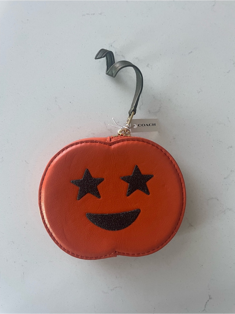 Coach Star-Eyes Emoji Coin Pouch Orange Black Glitter Face NWT